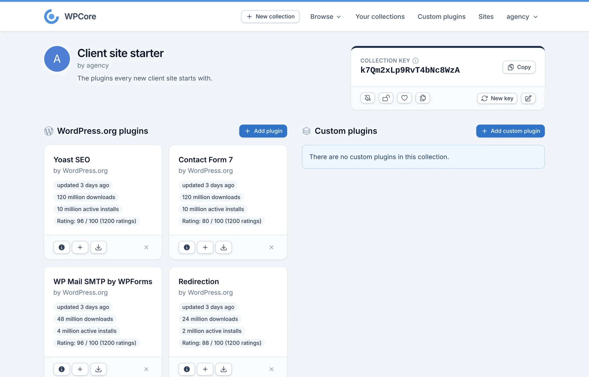 A collection page on WPCore.com with its collection key and WordPress.org plugins