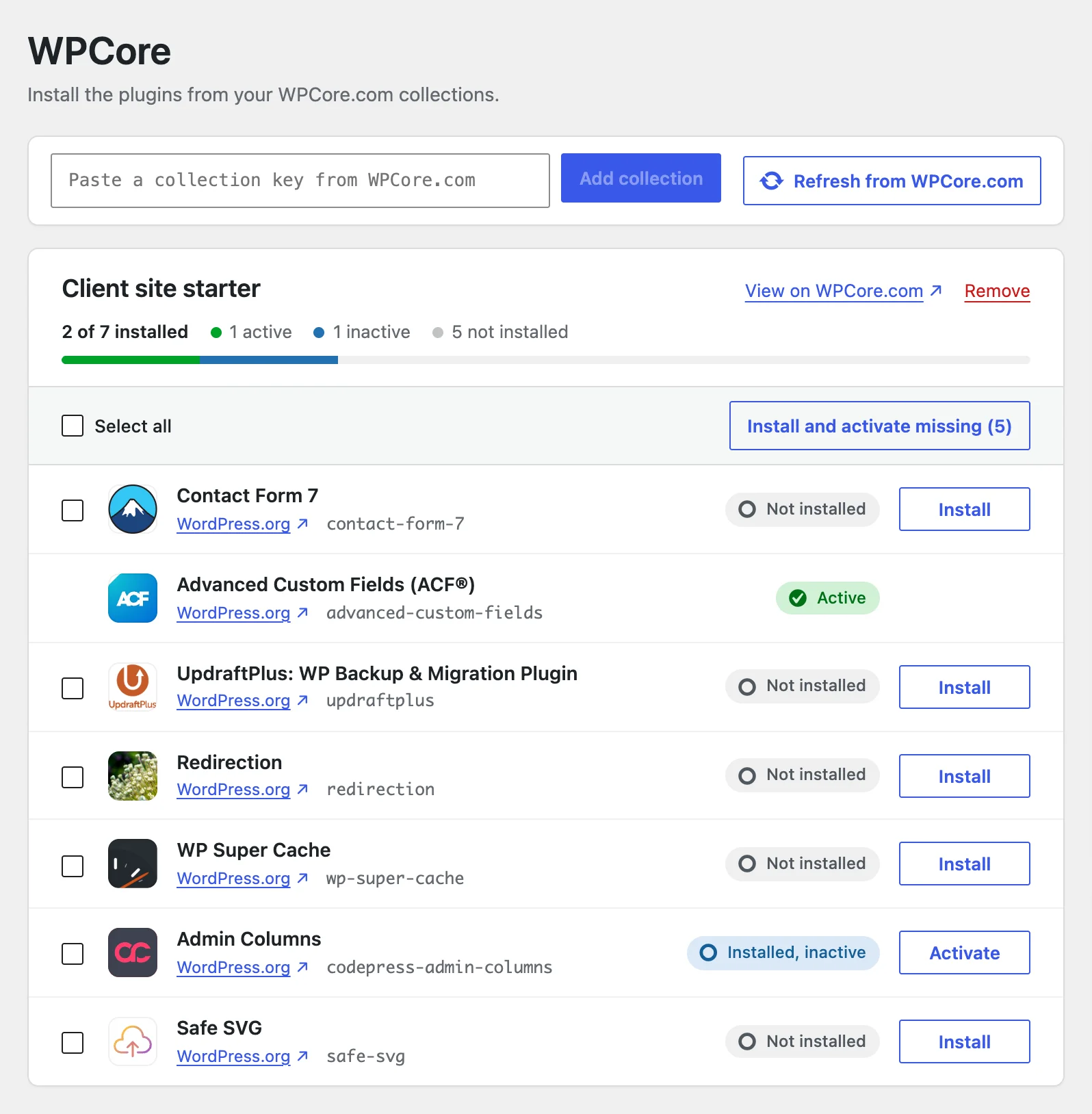 The WPCore screen in the WordPress admin listing the plugins of a saved collection